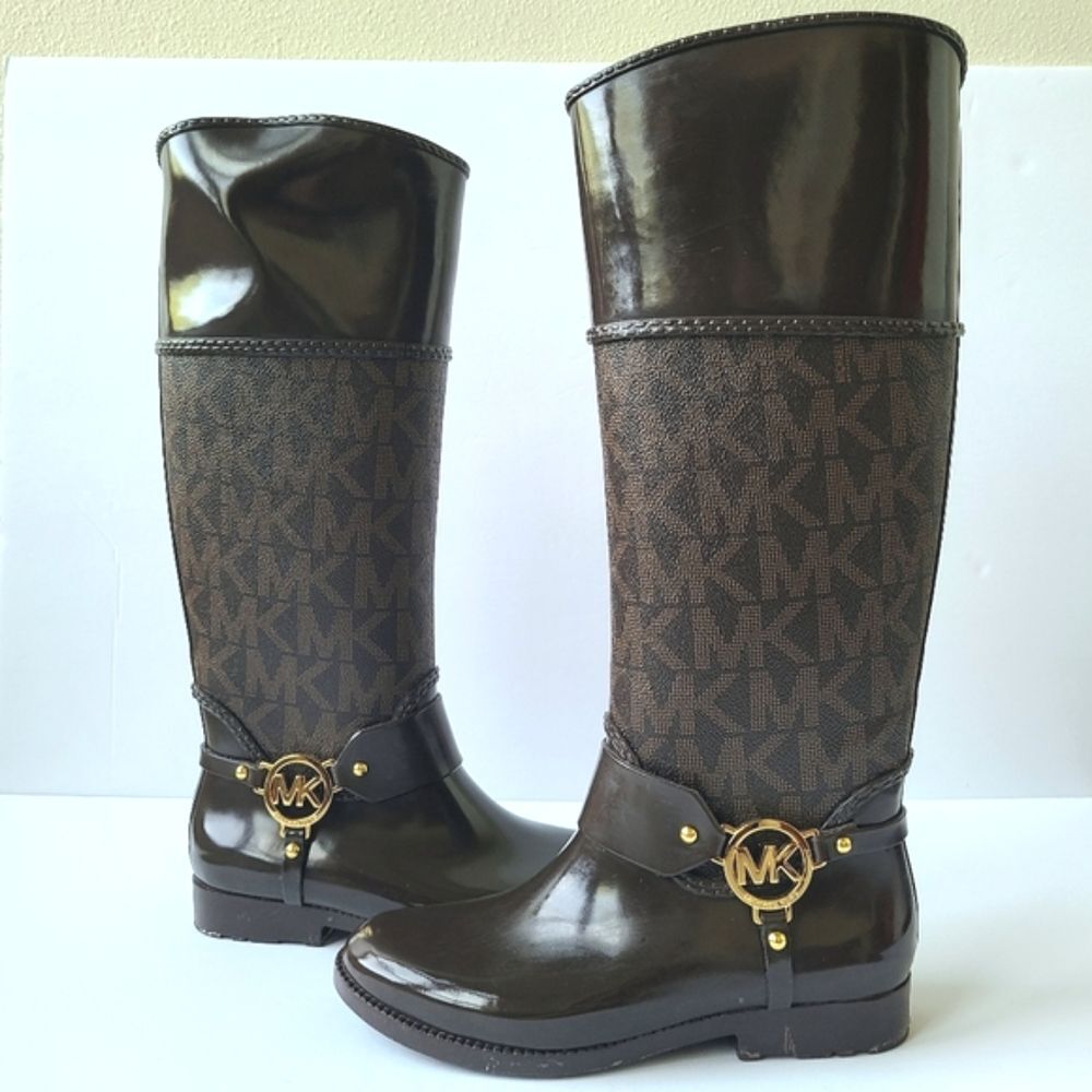 Michael Kors Monogram Rain Boots Stockard Signature Brown Logo Knee High Size 6